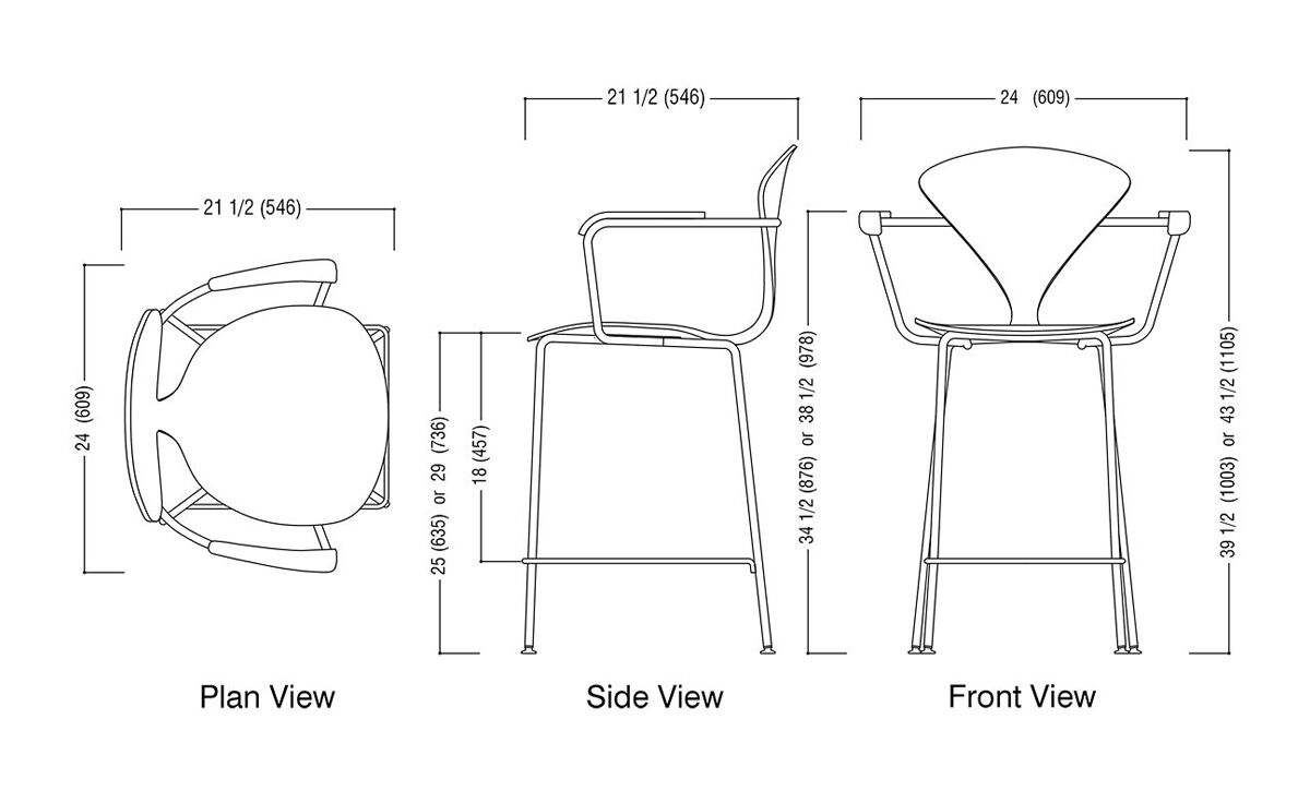 cherner metal leg stool with arms & upholstered seat & back